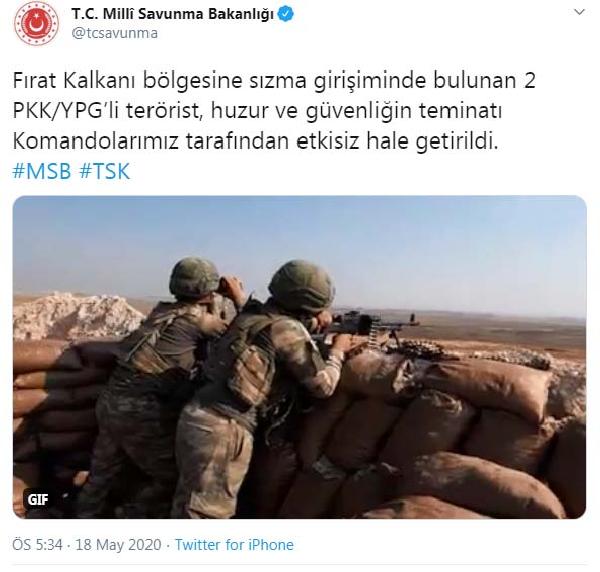 MSB: Sızma girişiminde bulunan 2 PKK/YPG’li etkisiz hale getirildi