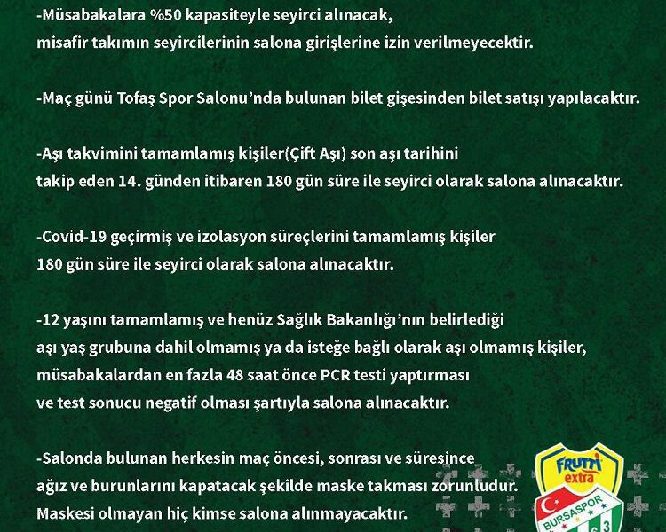 Frutti Extra Bursaspor’dan taraftarına maç öncesi bilgilendirme mesajı