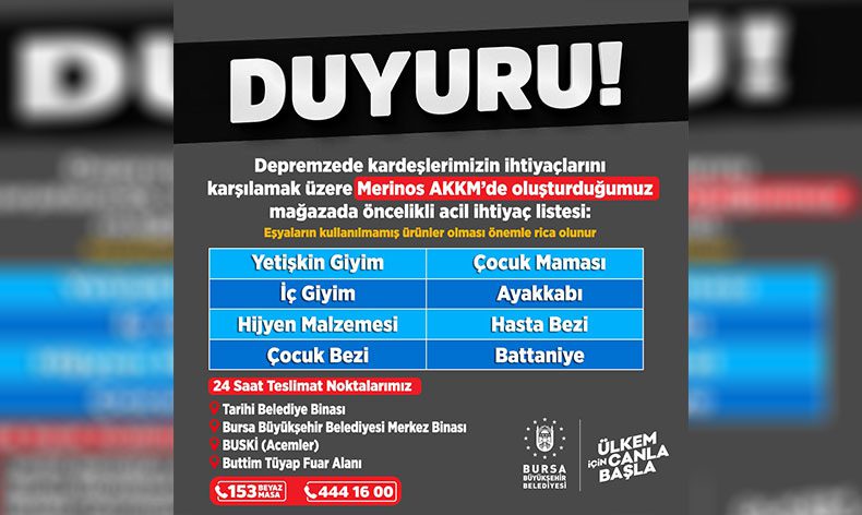 Deprem bölgesine acil ihtiyaç listesi