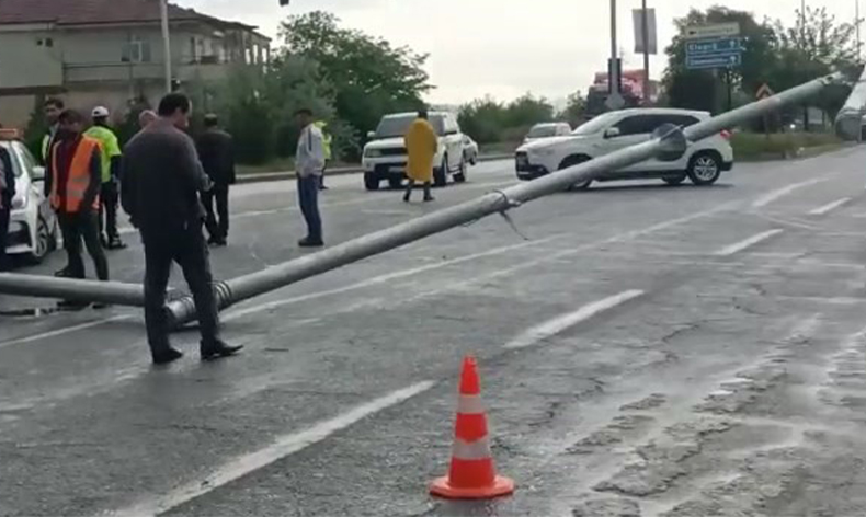 Kamyonun çarptığı trafik direği devrildi