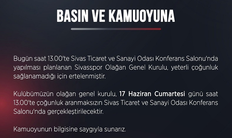 Sivasspor’da olağan genel kurul ertelendi