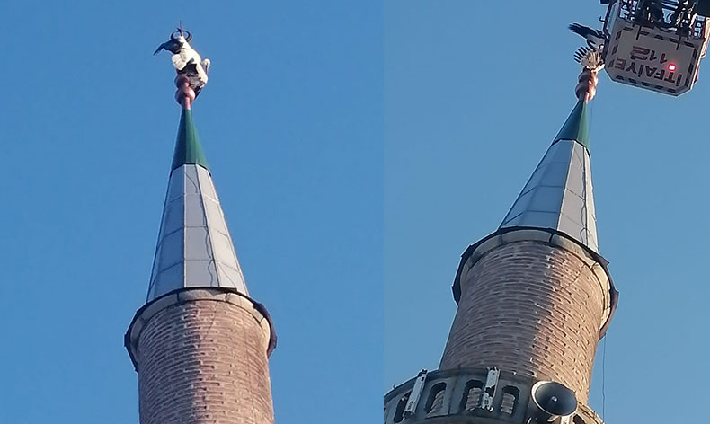 Minareye takılan leyleği itfaiye ekipleri kurtardı