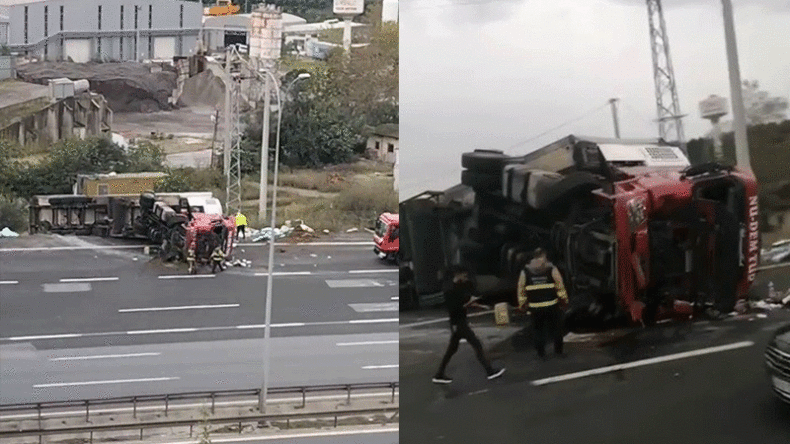 Osmangazi Köprüsü girişinde tır devrildi
