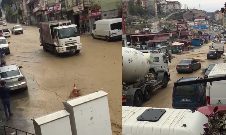 Trabzon’da su borusu patladı, yollar göle döndü