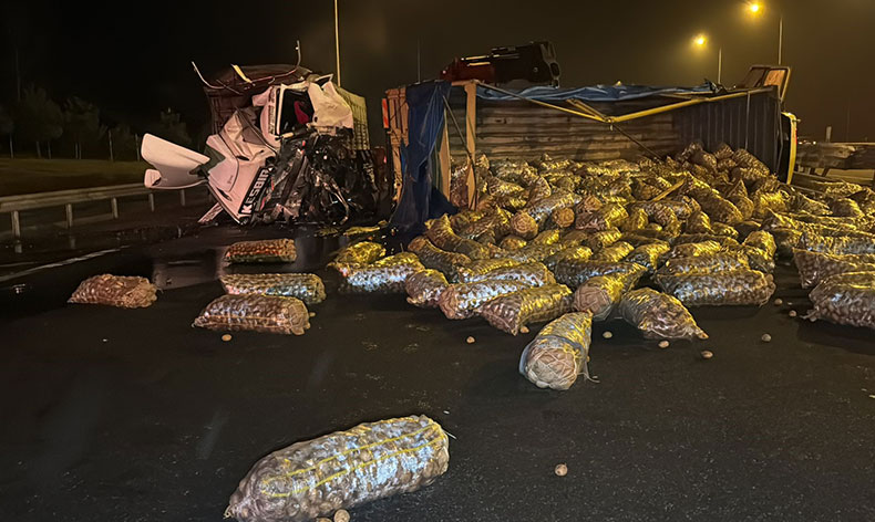 Patates yüklü kamyon devrildi