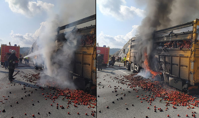 Tarsus’ta domates yüklü kamyon yandı