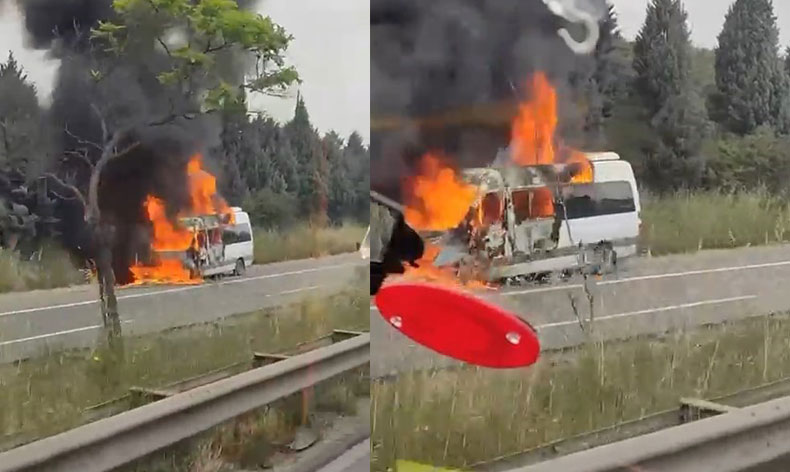 TEM’de minibüs alev alev yandı