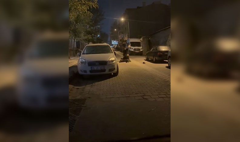 Yerde yatan kişiyi yumrukladı